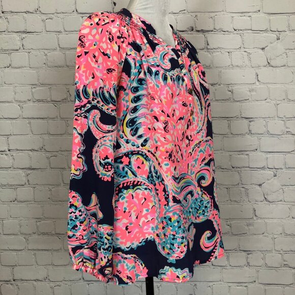 Lilly Pulitzer 100% Silk Elsa Blouse Size S Pop Up For The Halibut - Picture 2 of 7